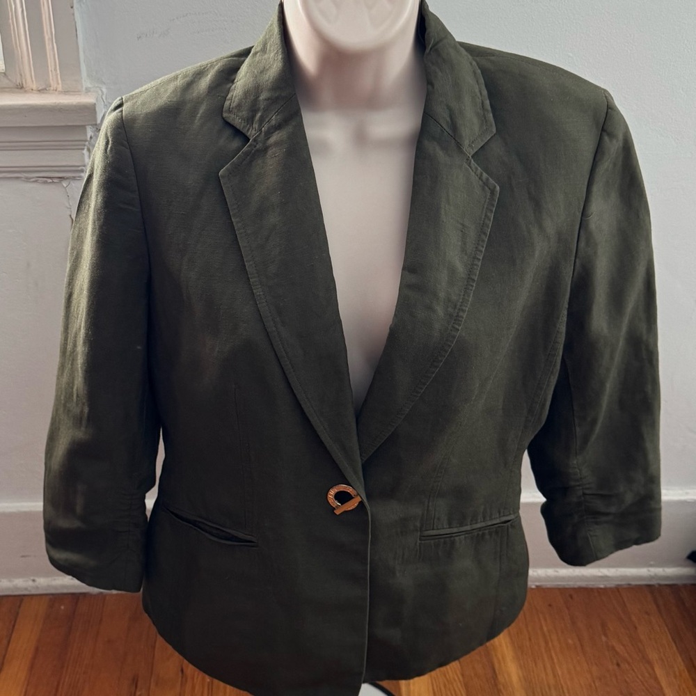 Anne Klein Olive Green linen blend 3/4 sleeves single button Blazer, size S